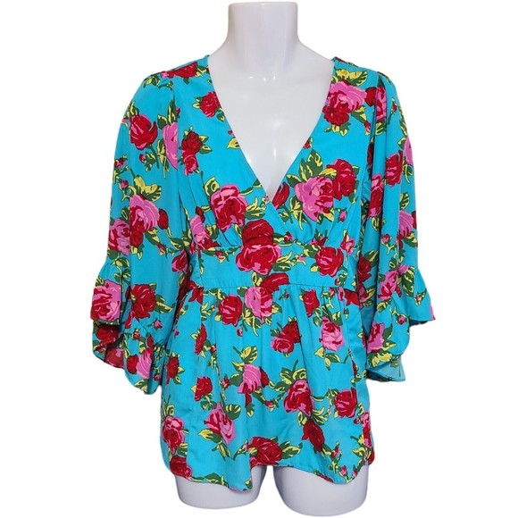 Betsey Johnson Tops - Betsey Johnson Tunic Top Women's M Colorful Floral Bell Sleeve Tie Sash Blouse